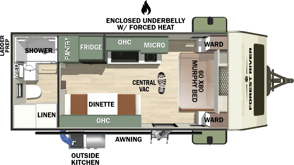 The No Boundaries NB19.2 floorplan has one entry and zero slide outs. Exterior features include: fiberglass exterior, 14' awning and outside kitchen. Interiors features include: murphy bed and rear bathroom.